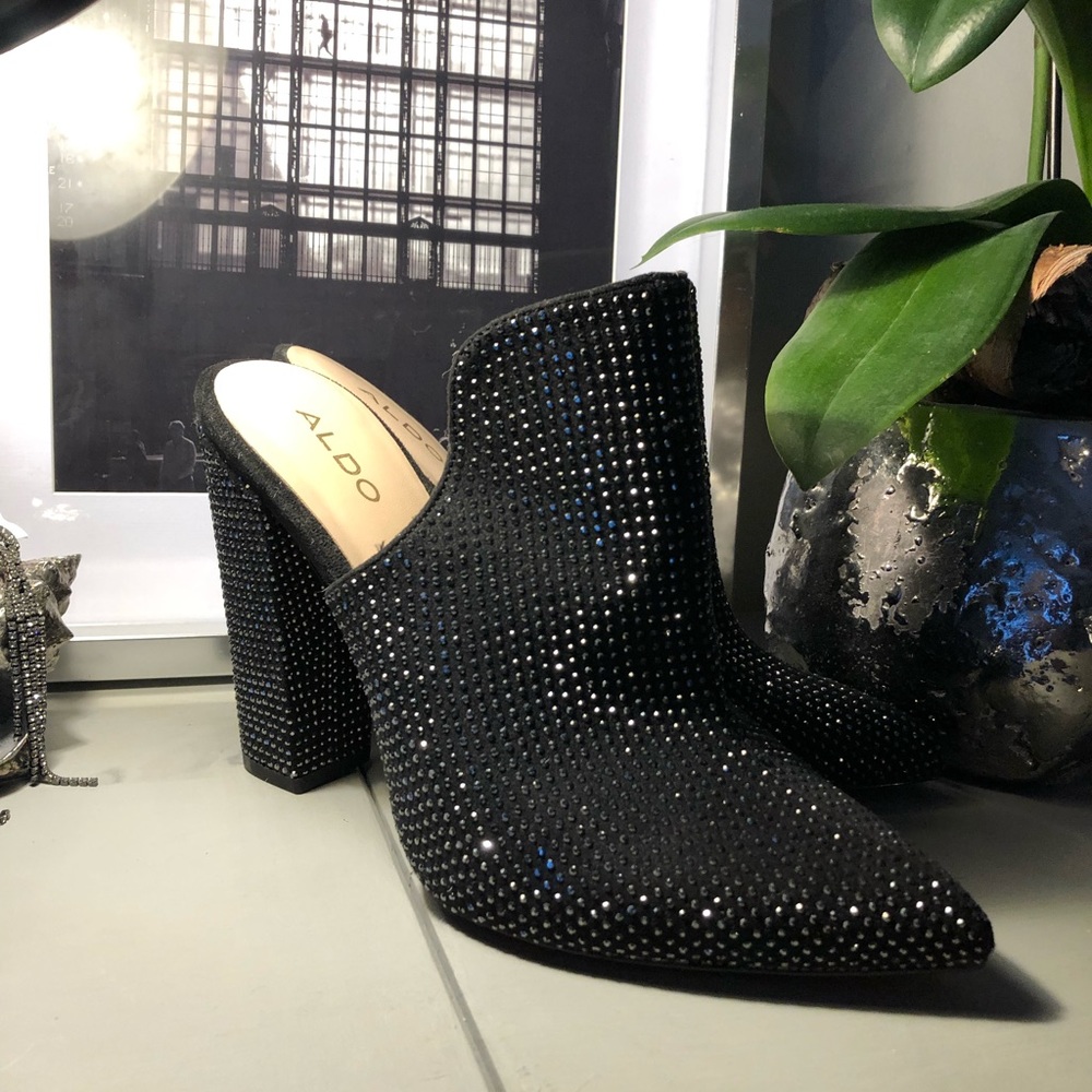 Glittery black mule heels. NWT